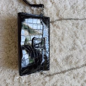 Cute shiny black small silver chain crossbody wallet bag with mirror